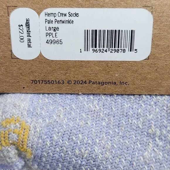 Patagonia Hemp Crew Socks Pale Periwinkle Size L Men 9-12 Women 10-13 Irregular - Picture 4 of 6